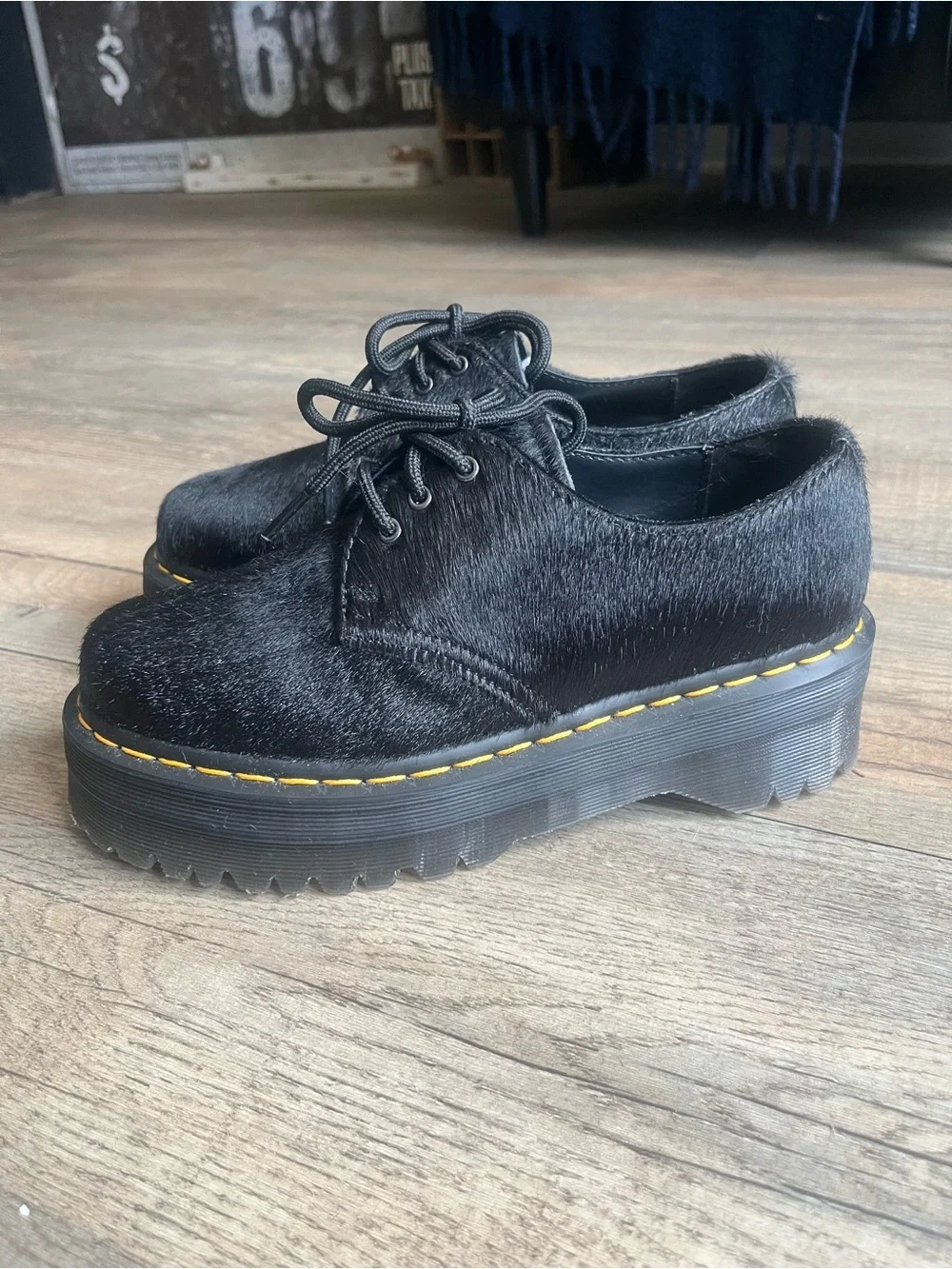 Dr. Martens Black Faux-Hair Platform 3-Eye Oxford with Yellow Stitching